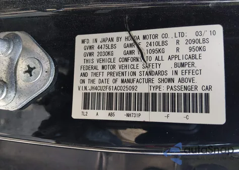 2010 Acura Tsx 2.4 z USA, uszkodzony, nr VIN JH4CU2F61AC025092